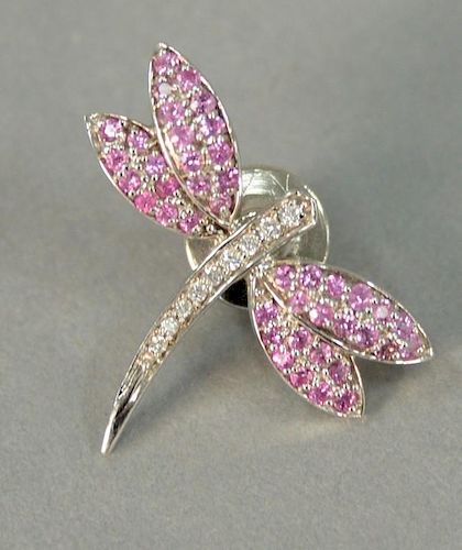 Dragonfly 14K white gold pin set with diamonds and pink stones, marked B.H.