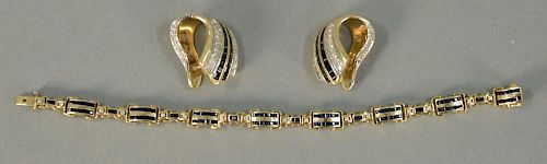 14K yellow gold bracelet and earring set with sapphires and diamonds.