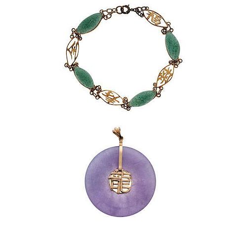 Jadeite Bracelet and Lavender Jadeite Disk Pendant with Chinese Characters 