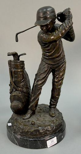 C. Keliem bronze statue of golfer mounted on stone base, ht. 17in.