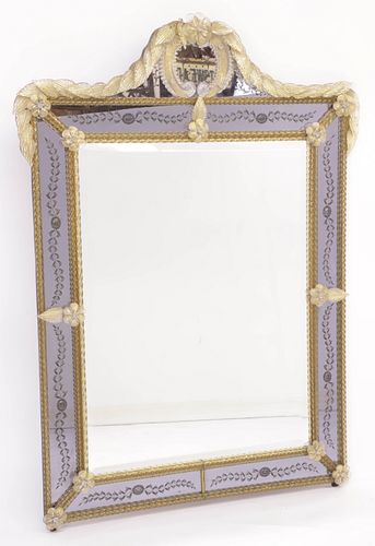 Contemporary Venetian Glass Framed Mirror With Engraved Panels