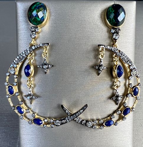 Pair of Azurite Malachite, Lapis Lazuli and Cubic Zircon Sterling Silver Vermeil Earrings