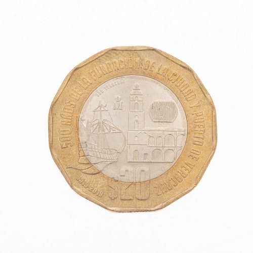 Moneda de 20 pesos, aniversario de la fundación del puerto de Veracruz. Peso: 12.6 g.