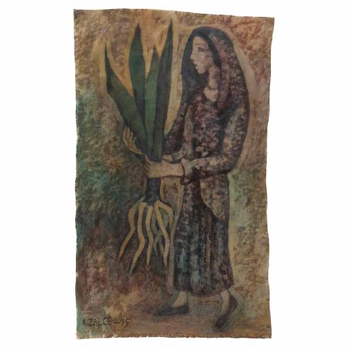 ALFREDO ZALCE, Mujer con planta, Firmado y fechado 95, Teñido batik sobre tela, 70 x 40 cm