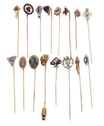 Stick Pins with a Variety of Gemstones in Karat Gold 