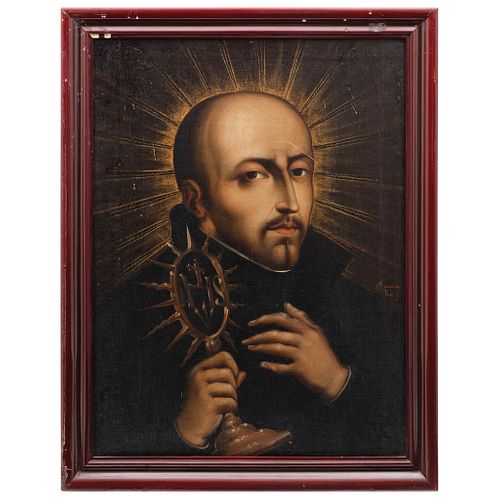 SAN IGNACIO DE LOYOLA. MÉXICO, SIGLO XVIII. Óleo sobre tela. Firmado: "Bernardino Polo f". 55.5 x 41 cm