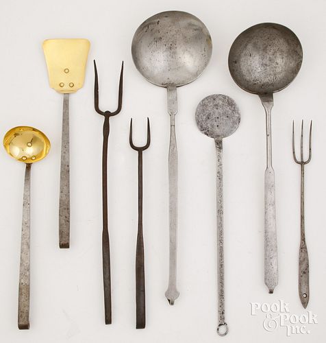 Wrought iron and brass kitchen utensils, 19th c.