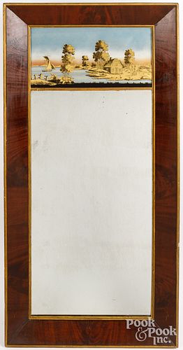 Mahogany mirror with eglomise panel, 19th c.