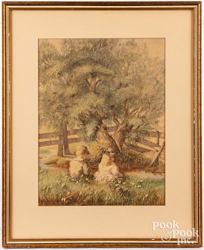 Watercolor landscape with two children