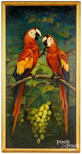 Oil on board of two parrots