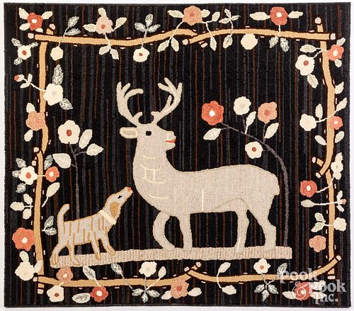 Contemporary hooked rug with stag and dog