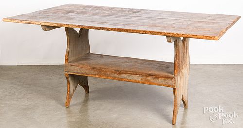Painted pine bench table, 19th c.