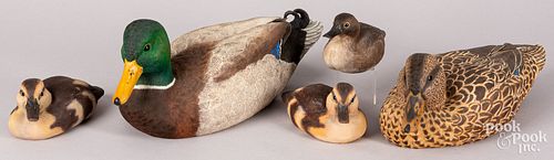 Five carved and painted mallard family duck decoys