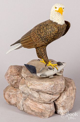 Carved and painted eagle with Atlantic Salmon