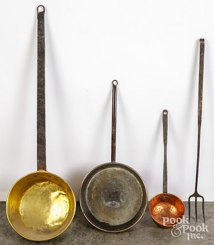 Long handled brass pan, 19th c., etc.