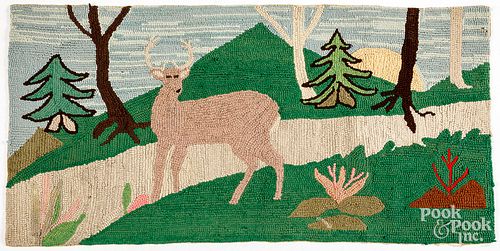 Hooked rug with deer in landscape, mid 20th c.
