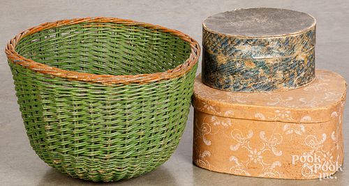 Painted basket, two wallpaper boxes