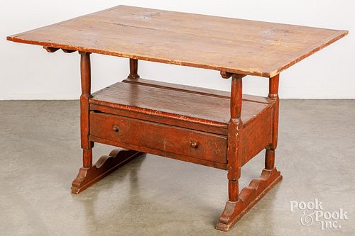 Painted pine bench table, 18th c.