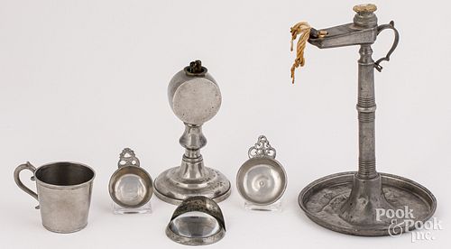 Two pewter lamps, 19th c., etc.