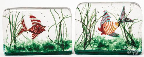 Two Murano art glass fish aquarium blocks