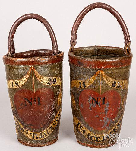 Pair of painted leather fire buckets
