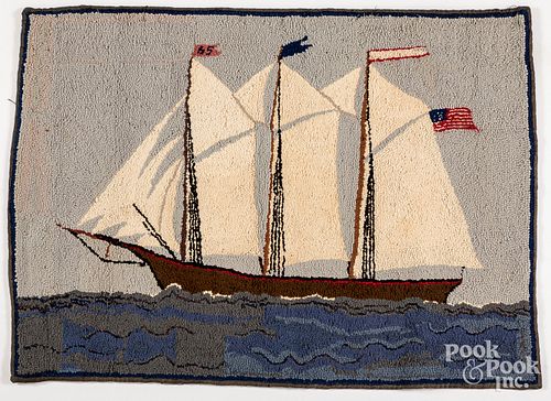 Hooked rug with sailboat, mid 20th c.