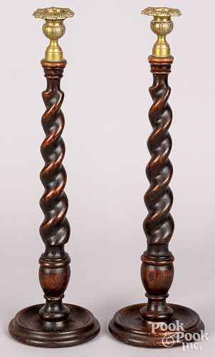 Pair of English oak spiral candlesticks