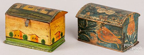 Two Continental painted dome lid dresser boxes