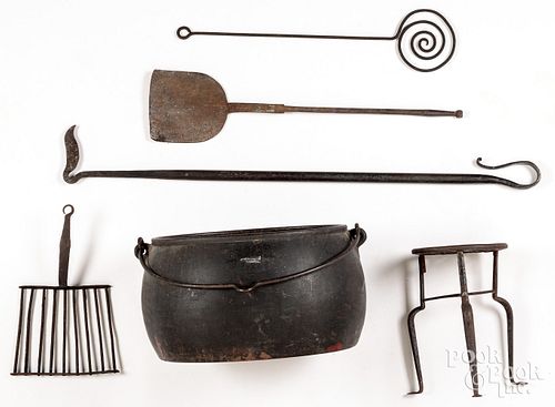 Large iron kettle, implements