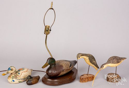 Five carved and painted decoys, 20th c.