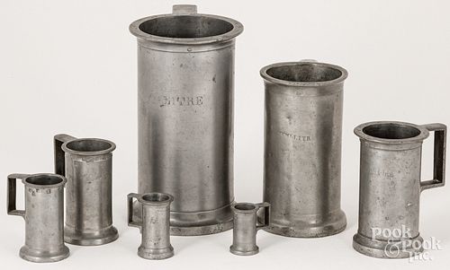 Seven pewter measures, 19th c.