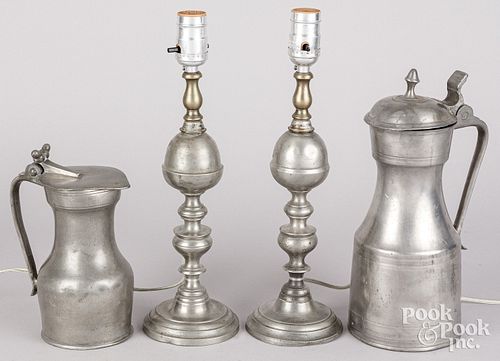 Two pewter whale oil table lamps