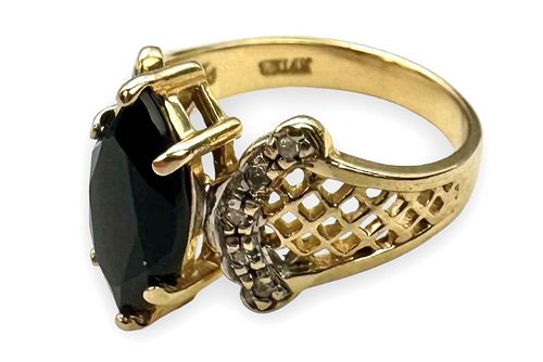 14K Gold Ring Set with Black Stone & Diamond