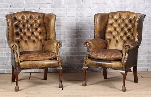 Pair English Georgian Style Leather Wing Chairs