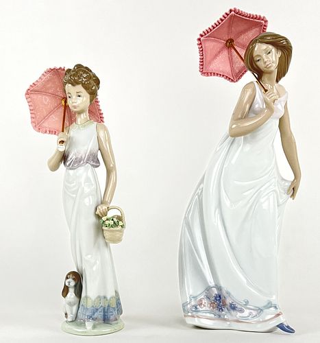 (2) Lladro Porcelain Women w/ Umbrella Figurines