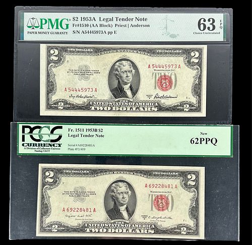(2) Uncirculated US 1953 $2 Legal Tender Notes