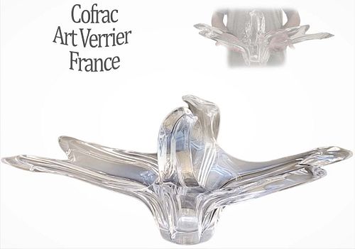 Large Cofrac Art Verrier Paris France Glass Centerpiece Basket, Circa 1965
