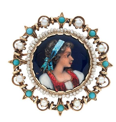 Brooch Featuring a Miniature Painting of a Woman 