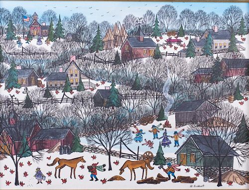 Jo Sickbert Winter Village Scene Oil on Canvas