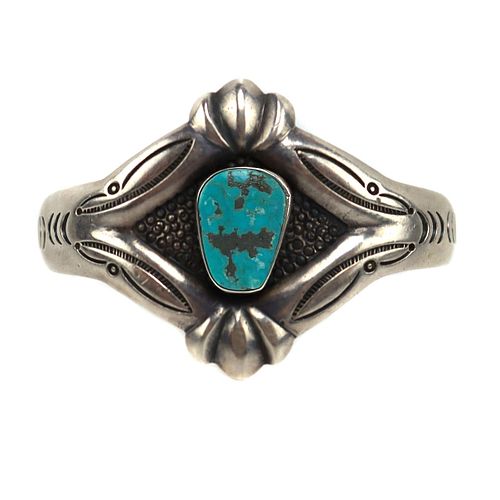 NO RESERVE - Roy Vandever (1936-2009) Navajo - Turquoise and Silver Sandcast Bracelet with Stamped Design c. 1970s, size 6.125 (J15800)