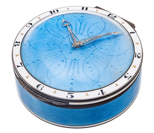 Geneva Clock Co. (Swiss) Sterling Silver & Blue Enamel Guilloche Clock, Ca. 1938, H 1.5'' Dia. 4'' 14.95t oz