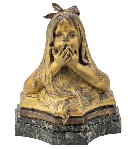 Jules Aime Grosjean (French, 1872-1906) Art Nouveau Bronze Sculpture, Young Girl Whispering, H 10.5'' W 10'' Depth 7.5''