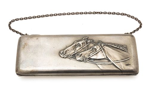 Russian 84 Silver Repousse Purse With Two Horse Heads, Ca. 1880, H 3'' W 7.5'' 374g