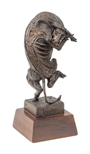 Frank Varga (Hungarian, B. 1943) Bronze Sculpture, Dancing Bull, H 9.5'' W 4.5'' L 4.5''