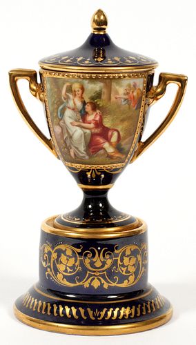 Royal Vienna (Austrian) Miniature Porcelain Urn, Demitasse Cup & Saucer, H 6'' 2 pcs