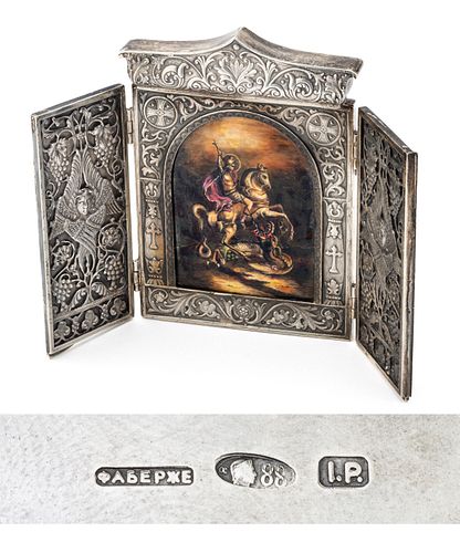 Julius A. Rappoport (Russian, 1864-1916) Faberge Enamel On '88' Silver Triptych Case Icon, 1900, St. George & The Dragon, 19.16t oz