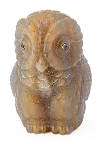Russian Carved Opalescent Chalcedony Owl, Sapphire Eyes, H 3.2'' W 2'' L 2.5'' 340g