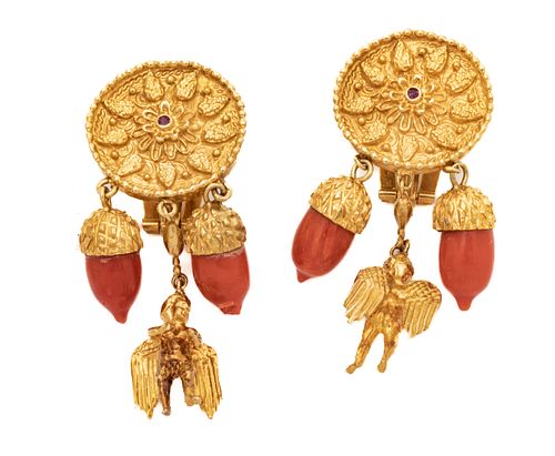 Greek 18kt Gold & Coral Earrings, Cherub & Acorn Motif, H 2'' W 0.75'' 30g 1 Pair