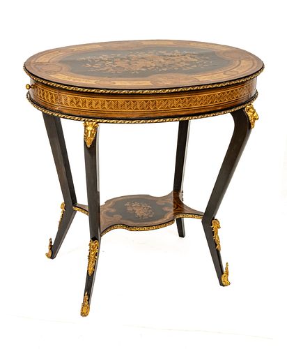 French Fruitwood Marquetry & Bronze Ormolu Oval Table, 19th C., H 30'' W 31'' Depth 21''