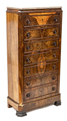 Walnut & Marble Top Fall Front Secretary Chest, H 54'' W 26.5'' Depth 12.5''